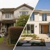 Landscaping that Increases Property Value Before and after of home exterior transformation showcasing landscaping that increases property value.